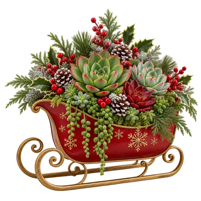 Succulents and festive berries in a red sleigh-shaped planter