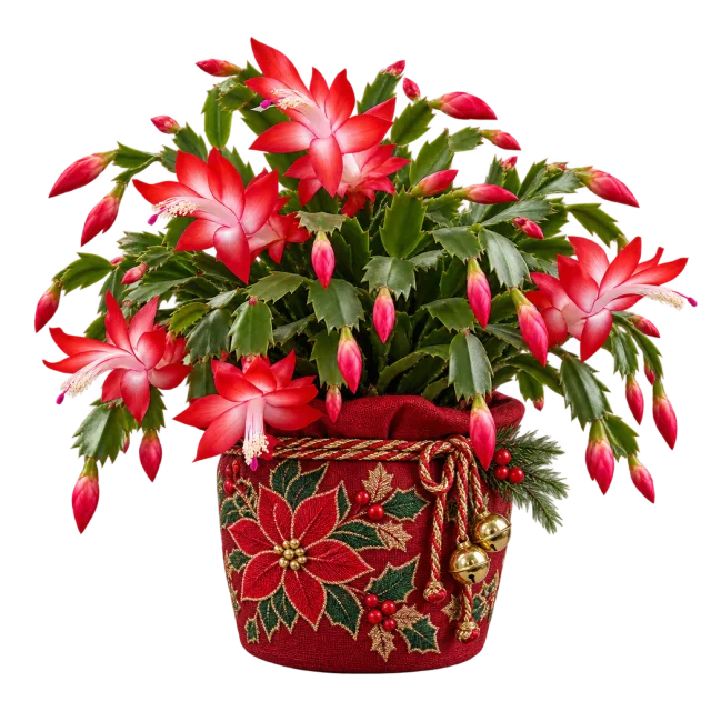 Flowering Christmas cactus in a red embroidered pot cover