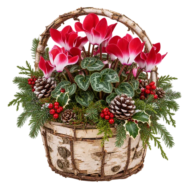 Pink and white cyclamen in a bark-patterned basket