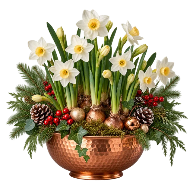 White narcissus flowers growing from bulbs in a copper-colored bowl