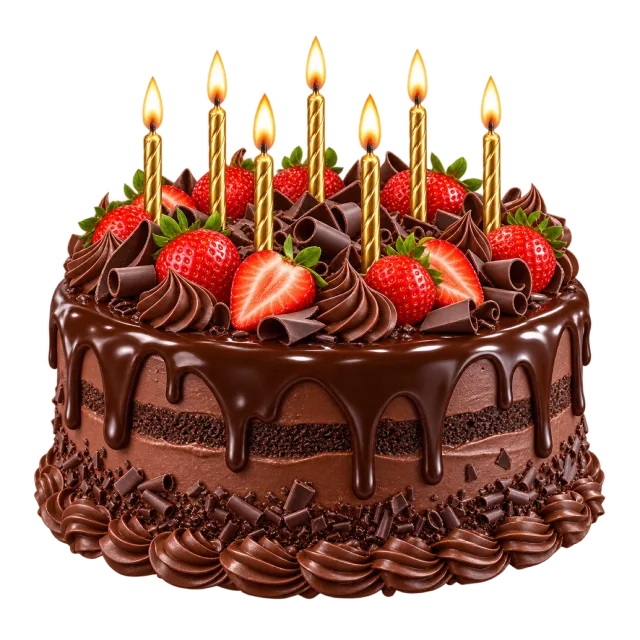 A chocolate-frosted birthday cake topped with strawberries and lit striped candles
