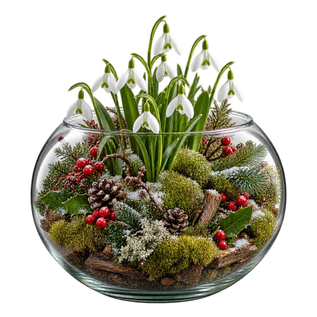 Snowdrops and moss in a round clear glass terrarium