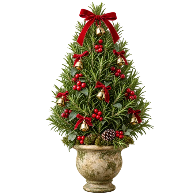 Cone-shaped green topiary decorated with red ribbons and tiny bells