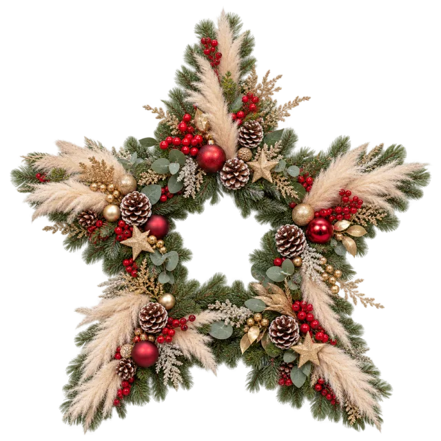 Star-shaped wreath with pale grasses, pinecones and evergreen sprigs