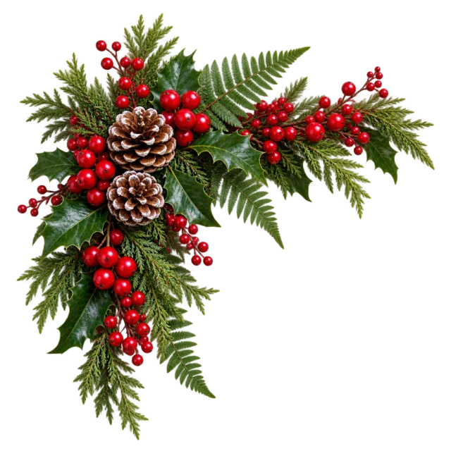 Corner-shaped green fern arrangement with red berries and pinecones