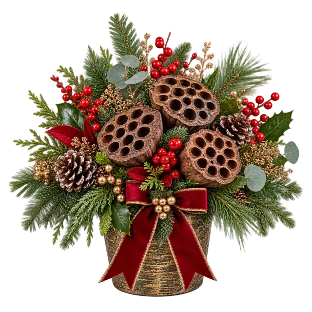 Dried lotus pods with evergreen foliage and a burgundy bow