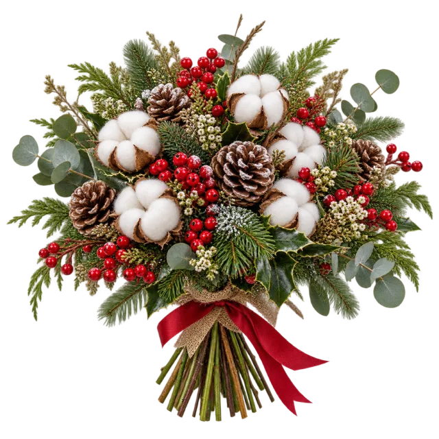 White cotton bolls and pinecones in a festive bouquet