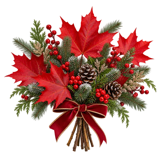 Red maple leaves with evergreen branches and red berries