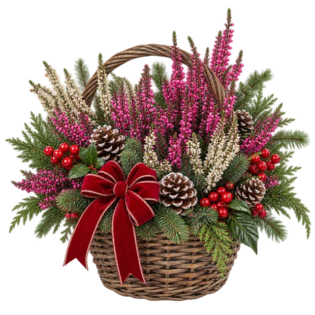 Woven basket of pink and white heather with festive greenery