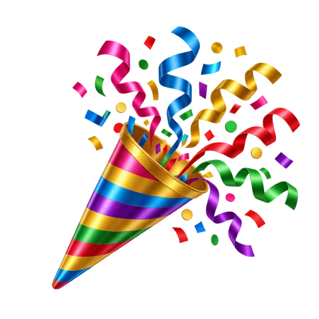 A striped party popper releasing colorful ribbons and small confetti pieces