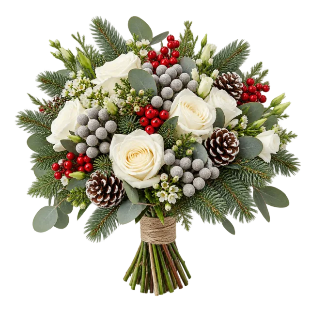 Cream rose posy with silver-gray berries and green foliage