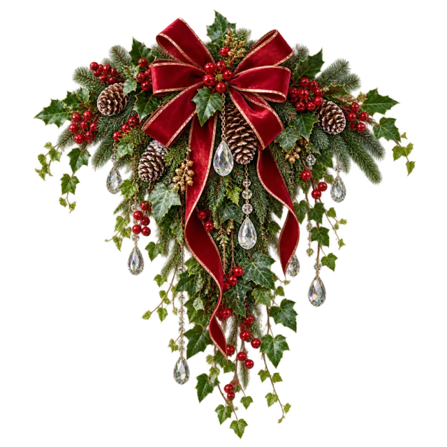 Trailing ivy swag with clear hanging ornaments and a red bow
