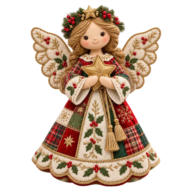 Patchwork angel doll with embroidered wings holding a golden star