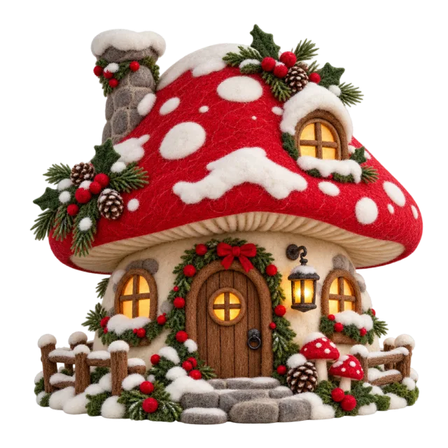 Red spotted mushroom cottage with a snowy roof and glowing windows
