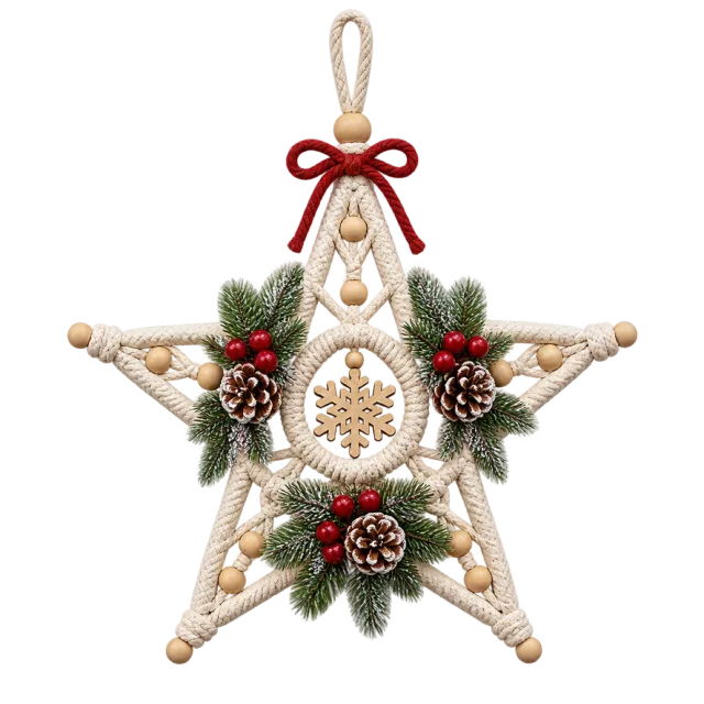 Cream macrame star ornament decorated with pinecones and greenery