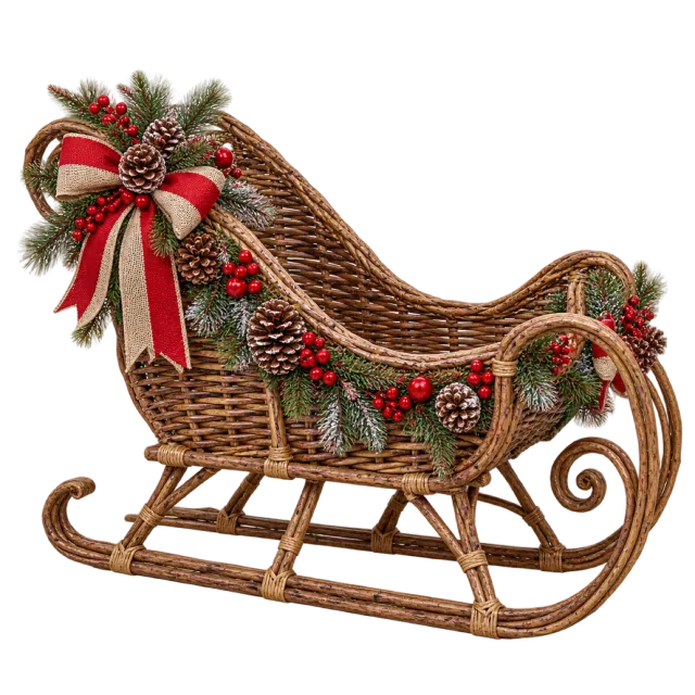 Woven brown sleigh with festive foliage and a red bow