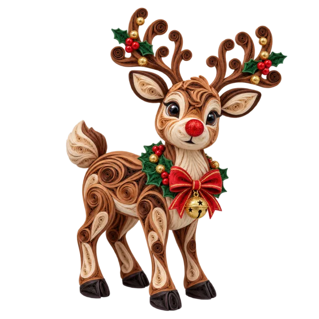 Curled-paper-style reindeer with holly and a red nose