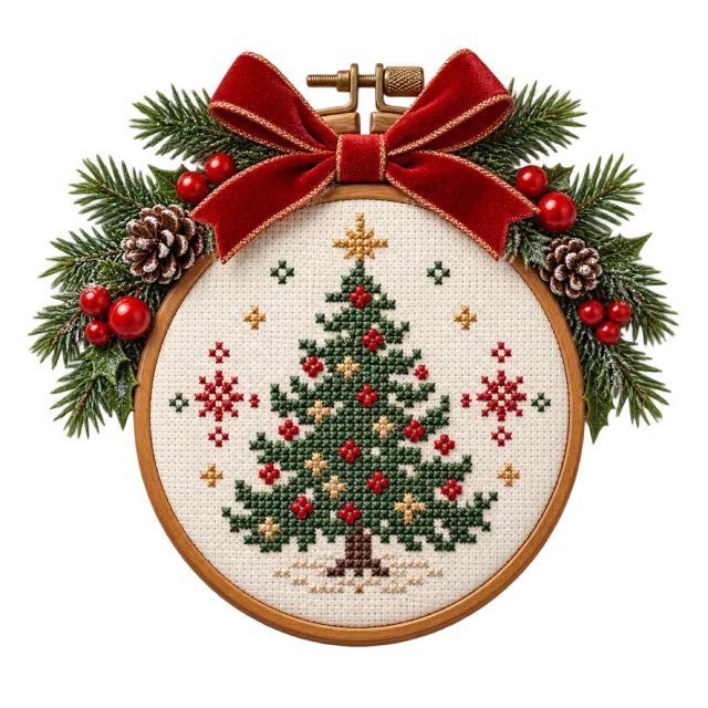 Embroidery hoop with a Christmas tree motif and a red bow