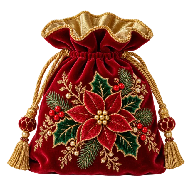 Burgundy drawstring pouch embroidered with a red poinsettia