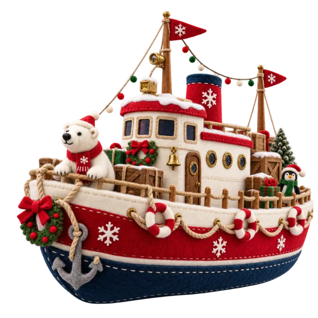 Red and cream felt-style boat with small winter animal figures