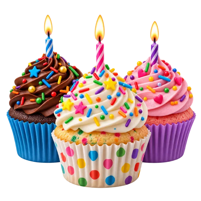 Three cupcakes with chocolate and pastel frosting, sprinkles and lit candles
