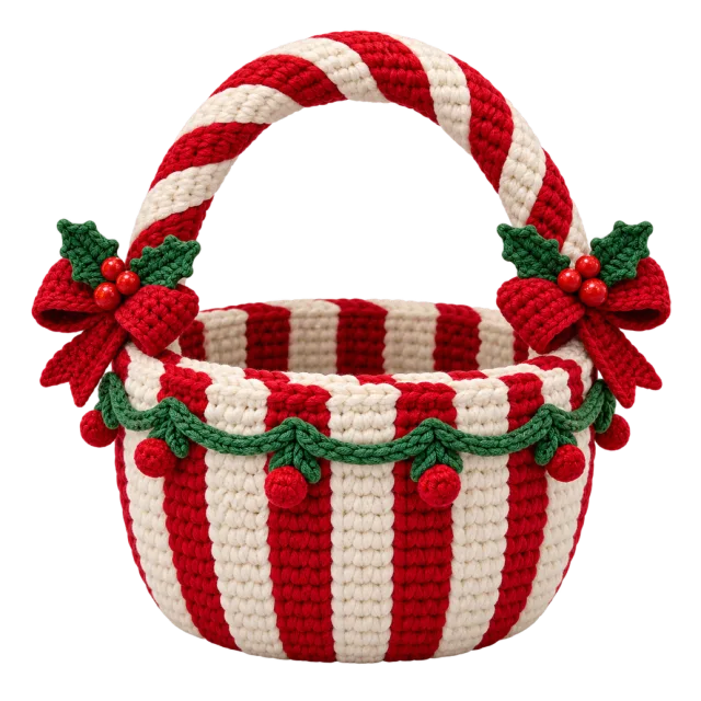 Red and white crochet basket with a striped handle and holly