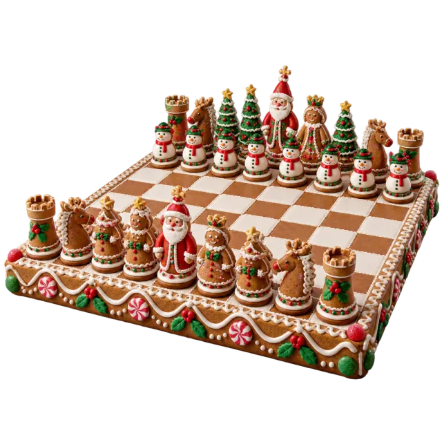 Gingerbread-style chessboard with festive sculpted chess pieces