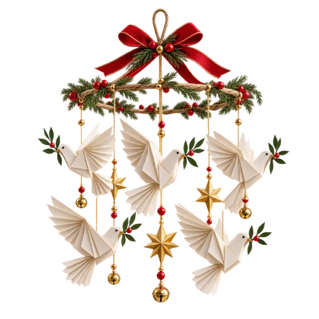 Hanging mobile of folded white birds and golden stars