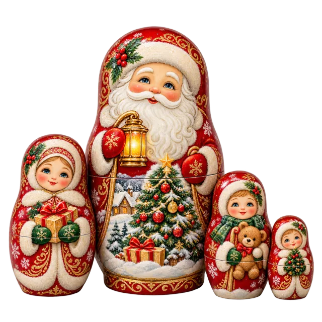 Nested painted dolls with Santa and Christmas tree motifs
