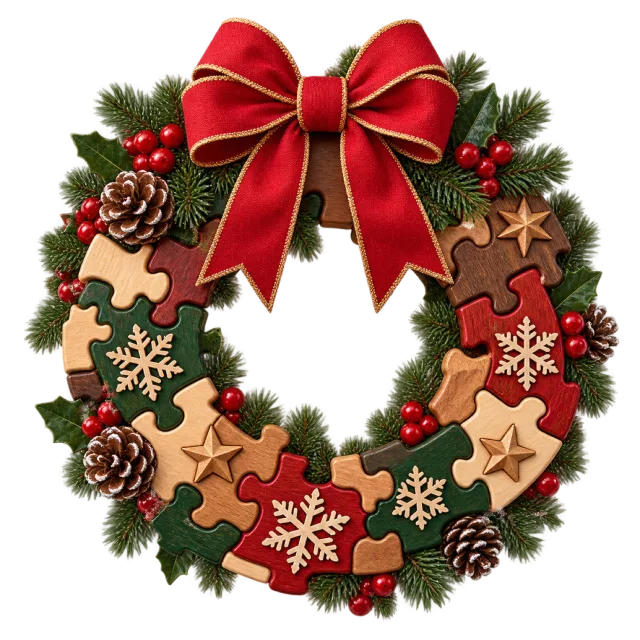Wreath of interlocking wooden puzzle pieces with a red bow