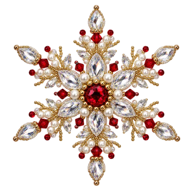 Snowflake-shaped jeweled brooch with red accents and clear teardrops