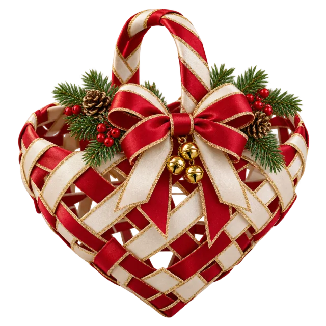 Red and cream woven heart basket with a candy cane and ribbons