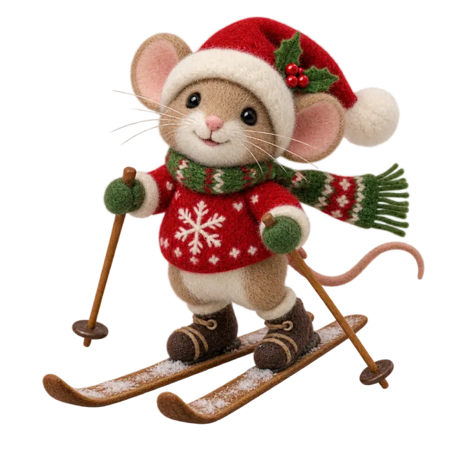 Felt-style mouse in festive clothing standing on skis