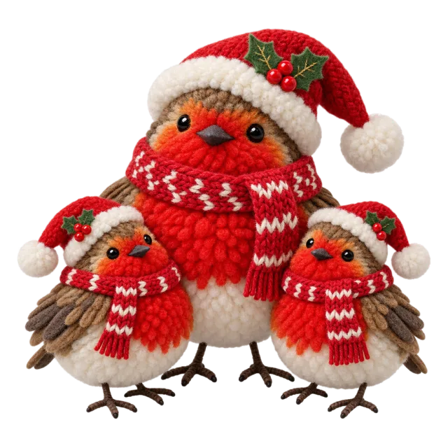 Three round robin figures in matching red winter accessories