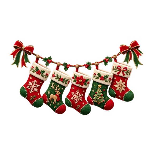 Garland of small embroidered red and green stockings