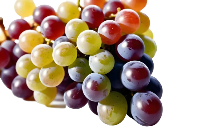 Close grouping of green, red and purple grapes with small leaves on a transparent background