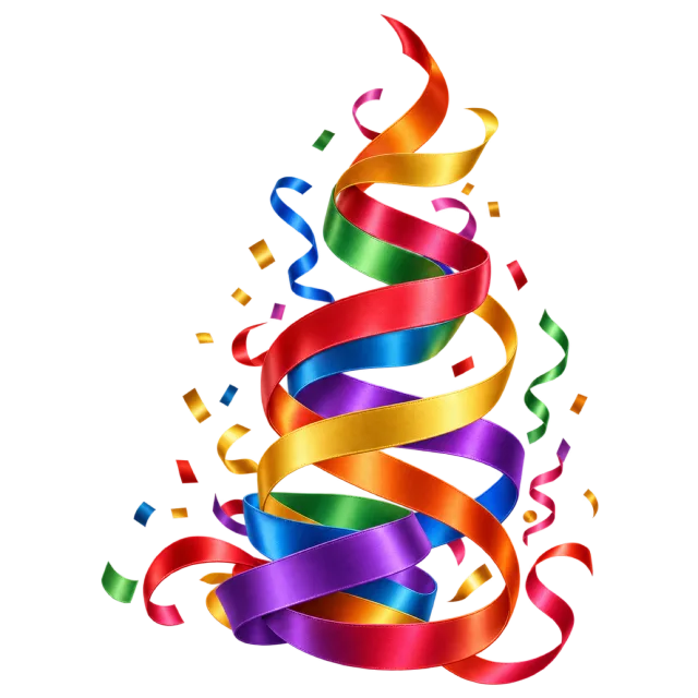 Bright red, blue, green, purple and gold ribbons curling upward in a spiral