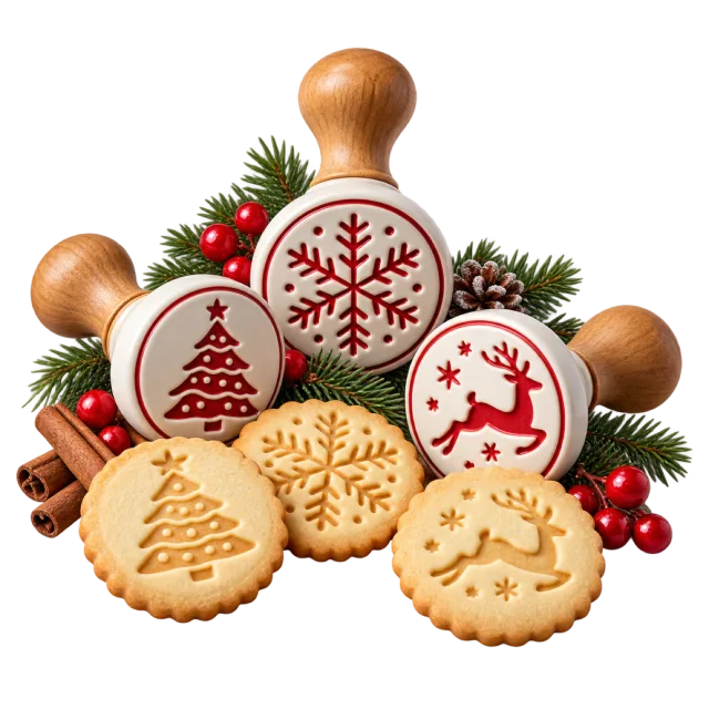 Round cookie stamps with wooden handles beside embossed biscuits