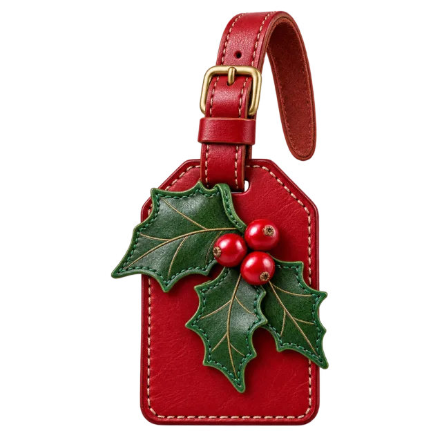Red luggage tag with raised green holly leaves and berries