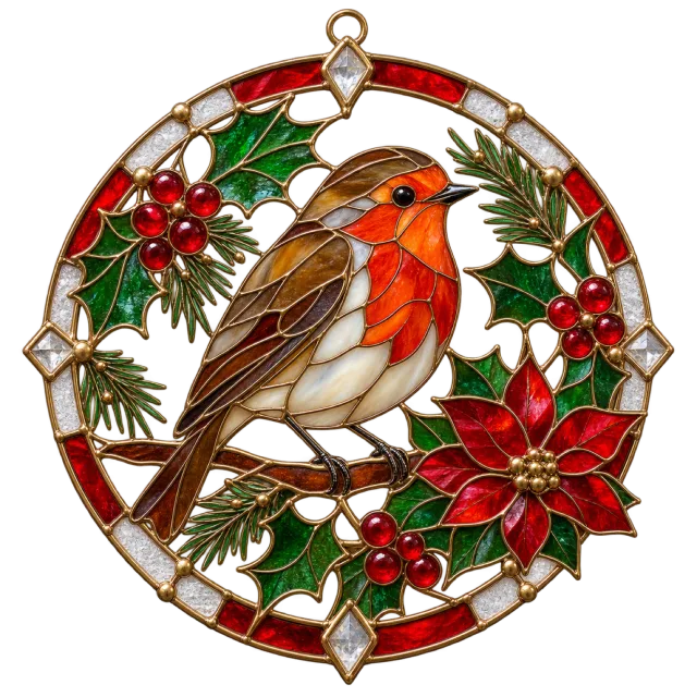 Circular stained-glass-style panel with a robin and holly