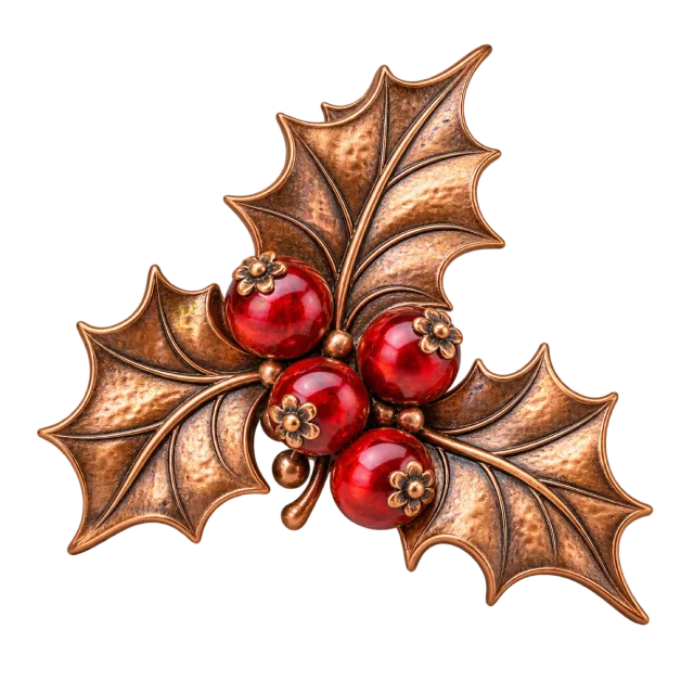 Copper-colored holly brooch with glossy red berries