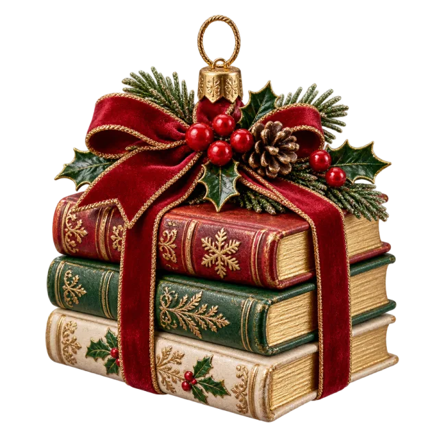 Stack of miniature red and green books tied with ribbon