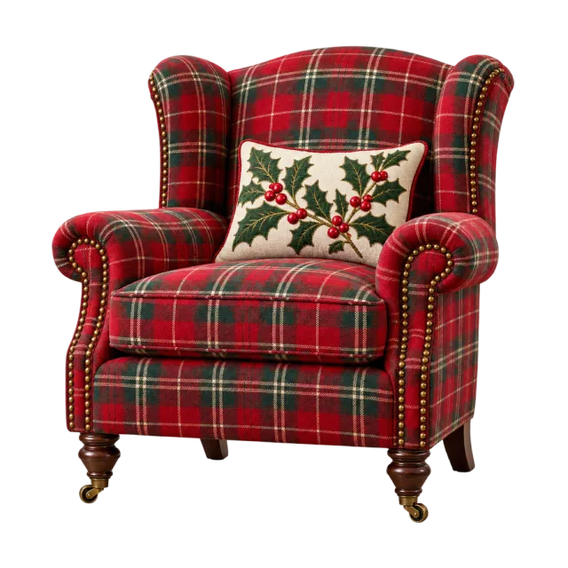 Red tartan armchair with a cream holly-patterned cushion