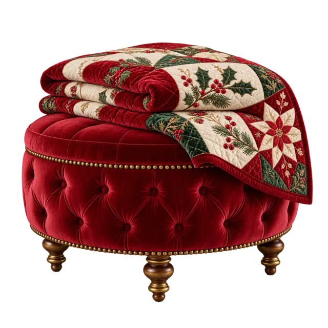 Round burgundy upholstered ottoman with a folded patterned quilt