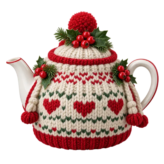Teapot in a cream and red knitted cover with a pompom