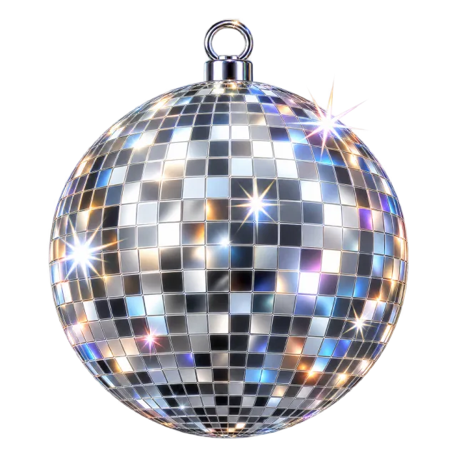 A hanging spherical disco ball covered in reflective silver mirror tiles