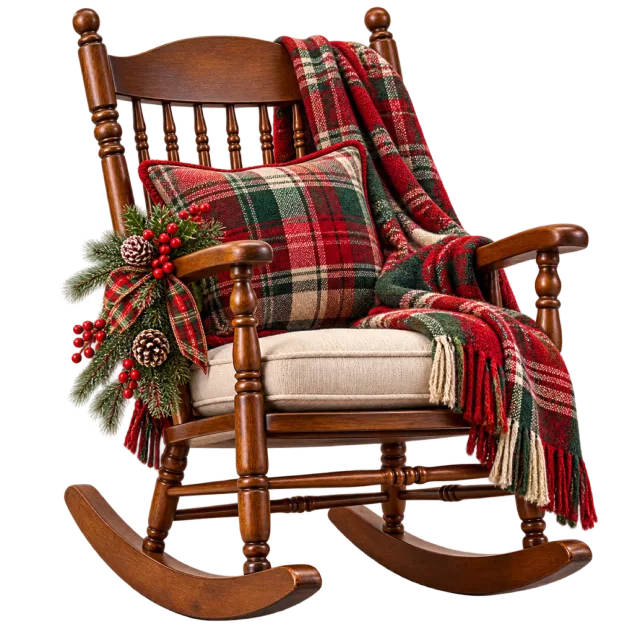 Wooden rocking chair with a tartan blanket and cushion