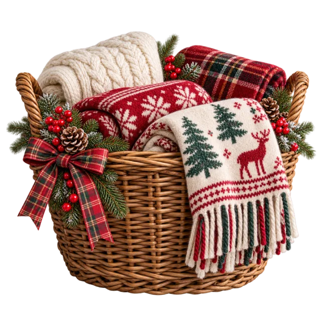 Wicker basket filled with rolled and folded festive blankets