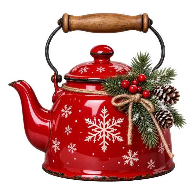 Red kettle with white snowflakes and evergreen decoration