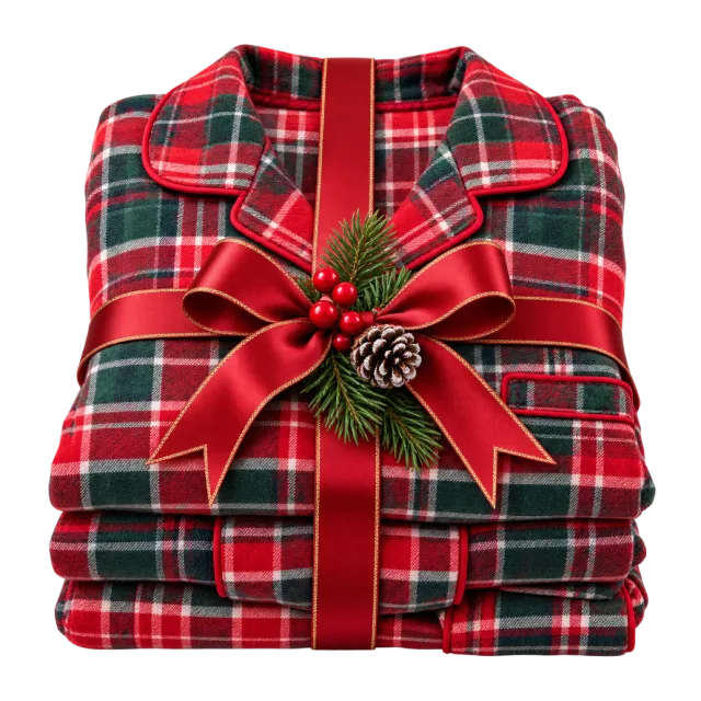Folded tartan pajamas tied with a red ribbon